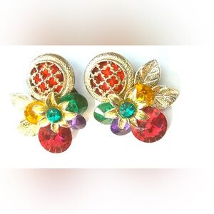 Large Vintage Retro, Floral Cluster Rhinestones Post Back Earrings Pierced Ears
